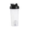 A drink bottle with a transparent body and a black lid, featuring a built-in shaker and measurement markings.
