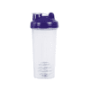 A drink bottle in clear plastic with a purple lid, featuring a built-in mixer.