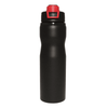 A drink bottle in black with a red cap and a logo on the side.