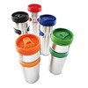 A set of stainless steel coffee mugs in various colours: orange, green, blue, black, and red, featuring lids.