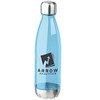 A drink bottle in clear blue with a stainless steel cap and a logo on the front.
