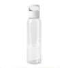 A drink bottle made of clear tritan plastic with a white cap and handle. It features a simple design and includes a logo.