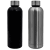 A drink bottle set featuring one matte black and one stainless steel design, both with a sleek, modern shape.