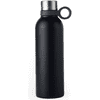 A drink bottle in matte black, featuring a stainless steel lid and a looped handle. It includes a logo.