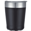 A black coffee mug with a silver band around the top and a clear lid. It features a logo.