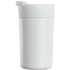 A drink bottle in white with a lid, featuring a sleek cylindrical design and an attached drinking spout.