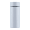 A drink bottle in pale blue with a sleek, cylindrical design and a black accent near the top.