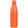 An orange drink bottle with a slim, tapered design and a black ring around the lid. It features a logo.