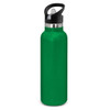 A drink bottle in vibrant green with a black lid and handle, featuring a sleek, powder-coated finish.