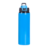 A drink bottle in bright blue with a black lid and a handle for easy carrying. It features a logo.