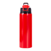 A drink bottle in bright red with a black lid and a logo on the side.