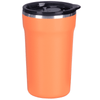 An orange coffee mug with a black lid and a sleek design, featuring a logo on the side.