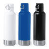 A drink bottle collection featuring white, blue, and black stainless steel designs with a silver base and a metal ring.