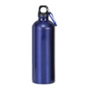 A drink bottle in a deep blue colour with a metal finish and a carabiner clip. It features a logo on the body.