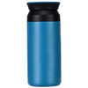 A drink bottle in blue and black, featuring a sleek design and a lid. It has a logo on the side.
