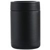 A drink bottle in matte black with a sleek cylindrical design and a fitted lid. It features a logo.