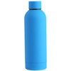 A drink bottle in bright blue, featuring a sleek design and a logo on the surface.