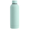 A drink bottle in a soft mint green colour with a sleek, minimalist design and a logo on the side.