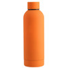 A drink bottle in a vibrant orange colour with a smooth matte finish and a fitted cap, featuring a logo.