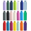 A drink bottle collection in various colours, including purple, green, blue, pink, and black, featuring branding.