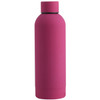 A drink bottle in vibrant pink with a sleek design and a black cap. It features a logo on the surface.