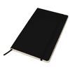 A black notebook with a cream-coloured interior, featuring an elastic band closure and a bookmark ribbon.