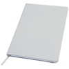 A white notebook with a textured cover, ribbon bookmark, and branding on the front.