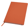 An orange notebook with a sleek cover and a ribbon marker, featuring a logo on the front.