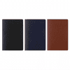 A set of three notebooks in black, navy, and brown, featuring a simple cover design with branding.