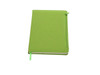 A green notebook with a textured exterior and a zip closure, featuring a ribbon bookmark. It includes a logo.