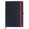 A navy notebook with a red elastic band closure and ribbon page marker. Includes branding on the cover.