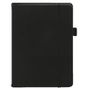 A black notebook with a textured design on the cover and an elastic band closure. Features a logo on the front.