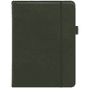 A dark green notebook with a lined design on the front cover and an elastic band closure.