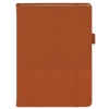 A notebook in a rich brown colour with diagonal line patterns on the cover and an elastic closure. It features a logo.