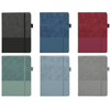 A collection of six notebooks in various colours: black, navy, burgundy, green, light blue, and grey, each with a logo.