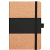 A cork notebook with a black elastic band and a black section across the middle. The design is simple and modern.