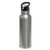 A drink bottle featuring a sleek stainless steel design with a black lid and carrying handle, plus a logo.