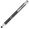 A black stylus pen featuring a silver clip and accents, designed for writing and touchscreen use.
