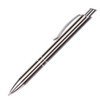 A sleek metal pen in silver and black, featuring a clip and a logo. Ideal for elegant writing.