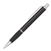 A metal pen in black with silver accents and a textured grip, featuring a clip and a brand logo.