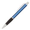 A blue metal pen with a textured black grip and a silver clip. It features a logo on its body.