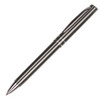 A stylus plastic pen in grey with chrome accents, featuring a sleek design and a clip.