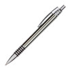 A metal pen in silver with a sleek design and a textured grip. It features a clip and a chrome tip.