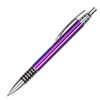 A purple and silver metal pen with a sleek design and a clip on the side. It features grooved grip for comfort.