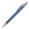 A blue metal pen with a chrome clip and grip mechanism, featuring a polished finish and a branding logo.