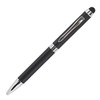 A black metal pen with a silver clip and accents, featuring a stylus tip. There is branding on the pen.