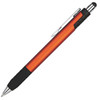 An orange stylus pen with a black grip and silver accents, featuring a clip and a branding logo.