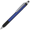 A blue stylus pen with a silver clip and a black rubber grip, featuring a logo on the barrel.