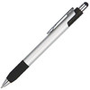 A silver stylus pen with a black grip and clip, featuring a rounded tip and a logo on the body.