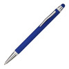 A blue metal pen with a silver clip and tip, featuring a soft-touch grip and stylus end.